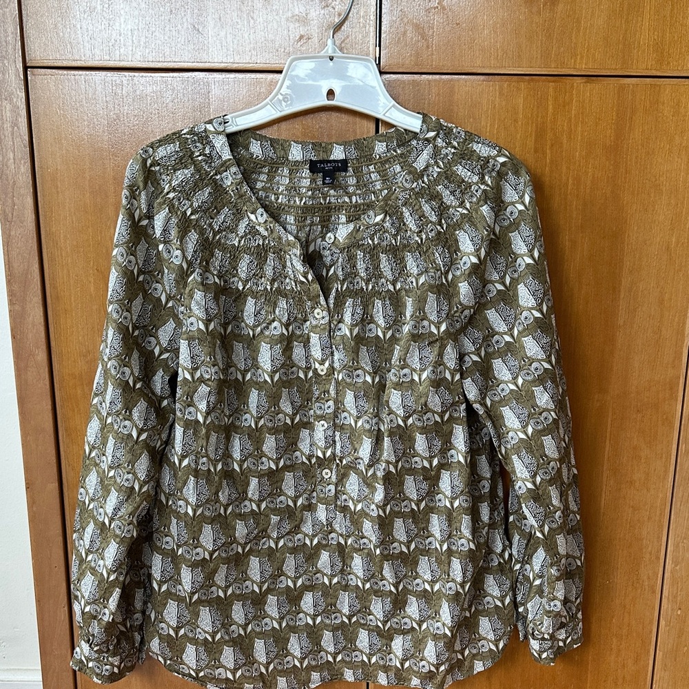 Talbots Olive Owl Patterned Blouse - image 1